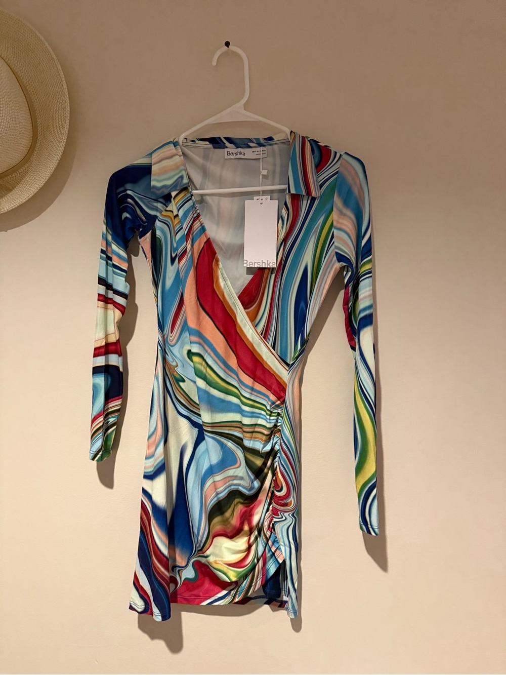 Bershka Swirl-Print Long Sleeve Wrap Dress - Blue, Red, Green, Cream